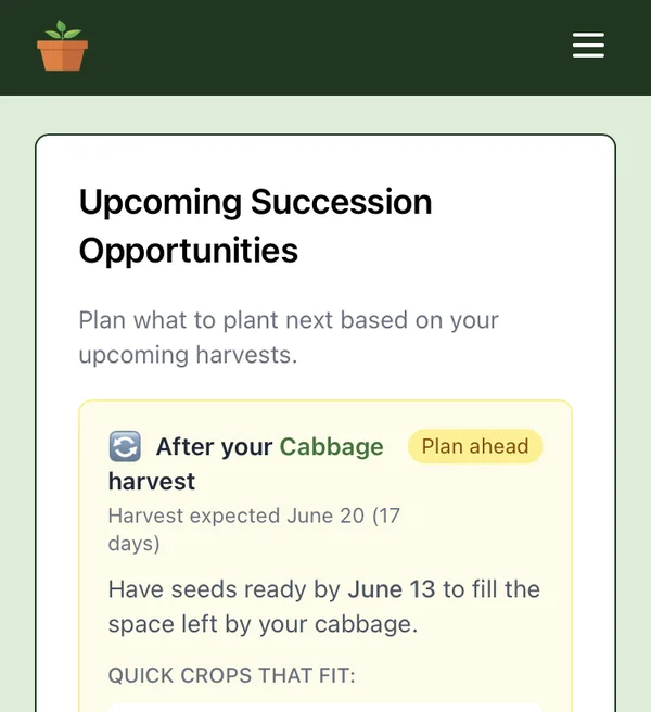 Succession planting opportunities after a harvest